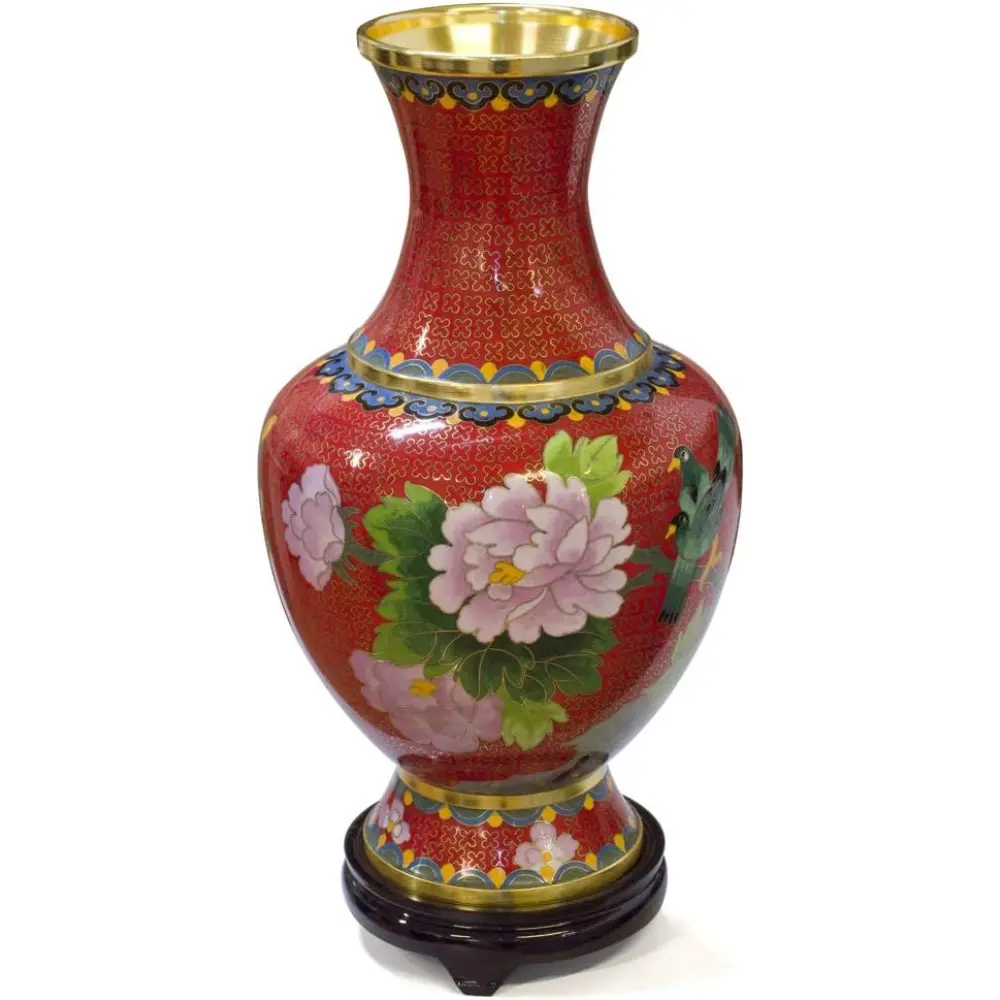 China Furniture Online Red Floral Motif Oriental Cloisonne Vase with Stand