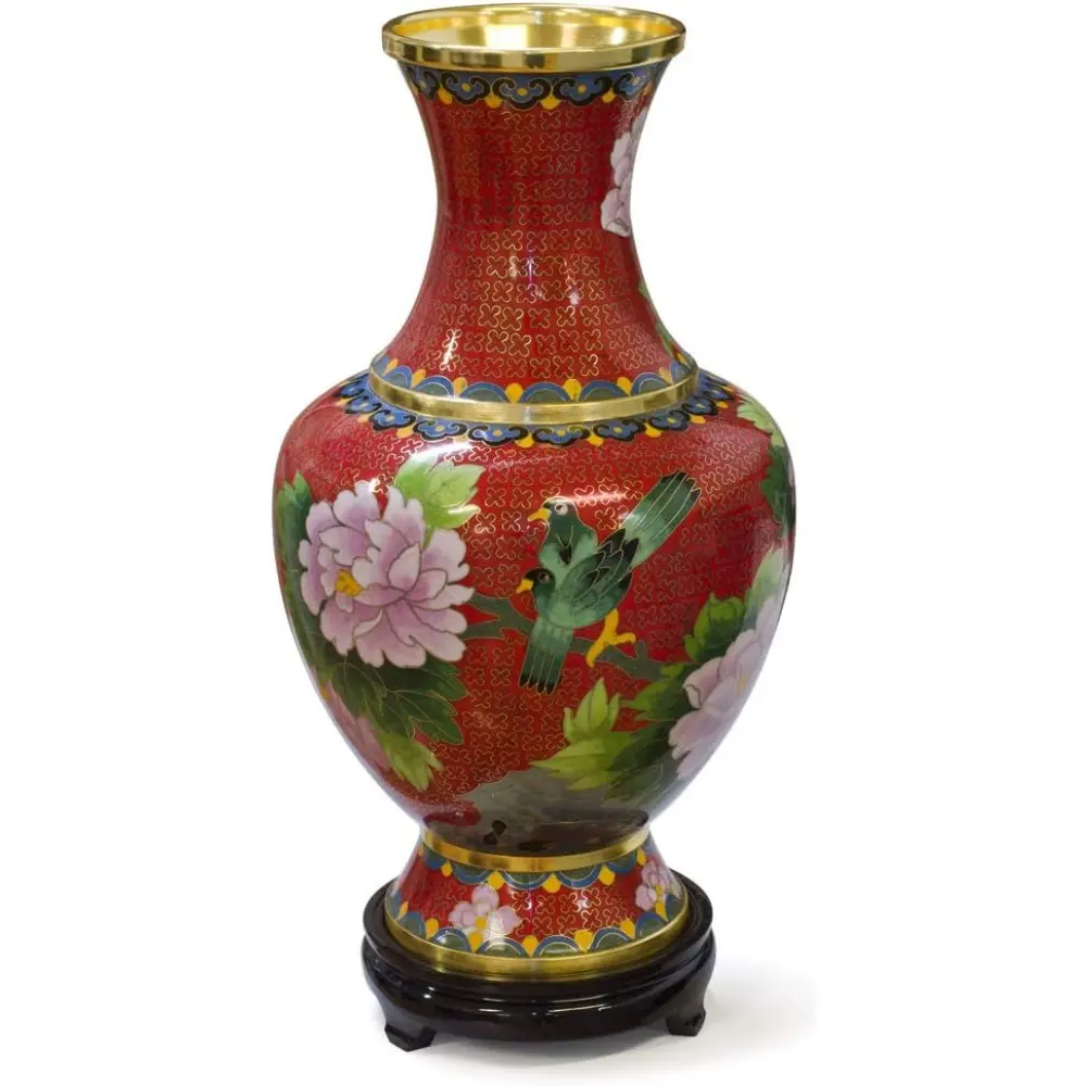 China Furniture Online Red Floral Motif Oriental Cloisonne Vase with Stand