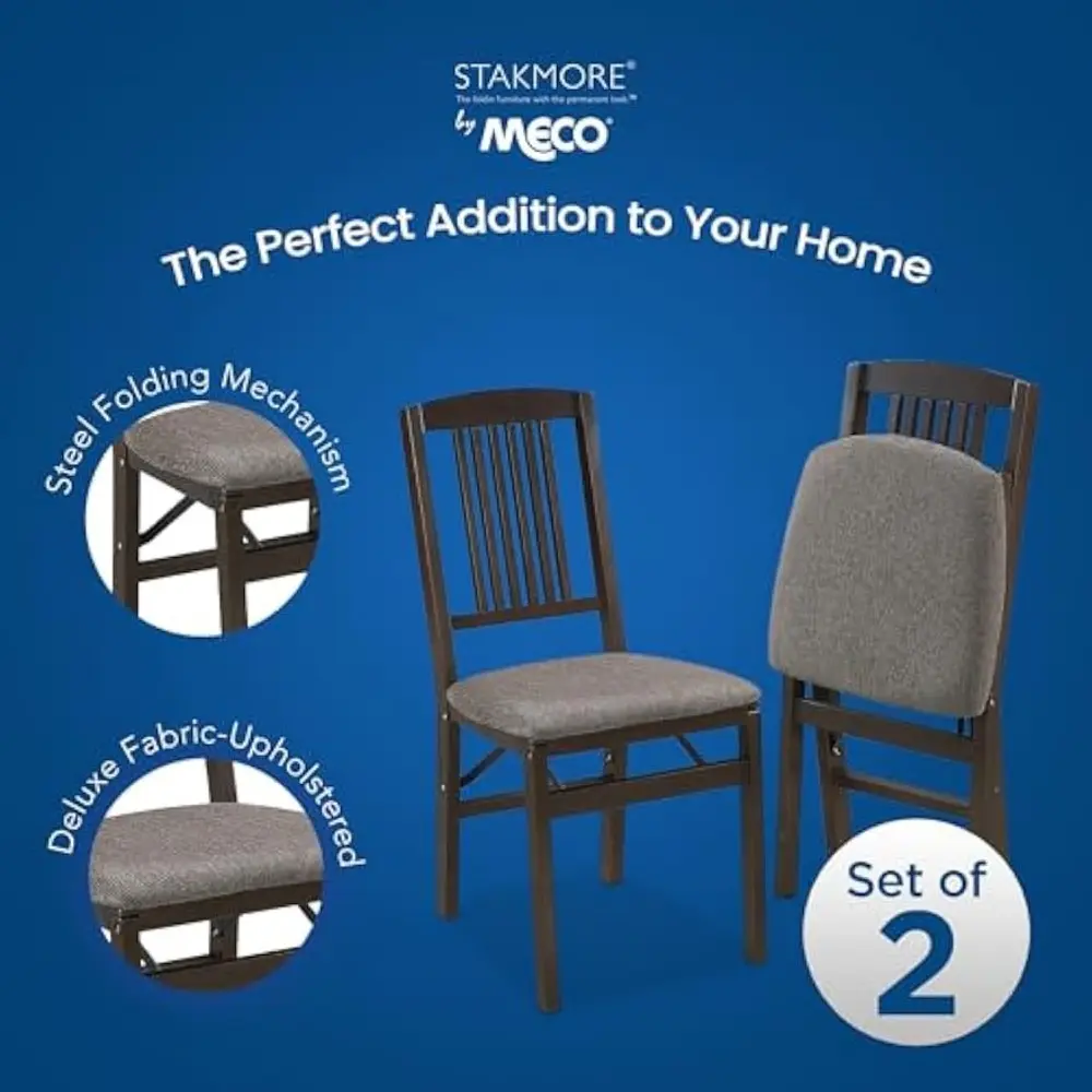 Stakmore Mission Solid Foldable Wood Dining Chairs with Fabric Padded Cushioned Upholstered Seat for Indoor Use, Espresso (2 Pa
