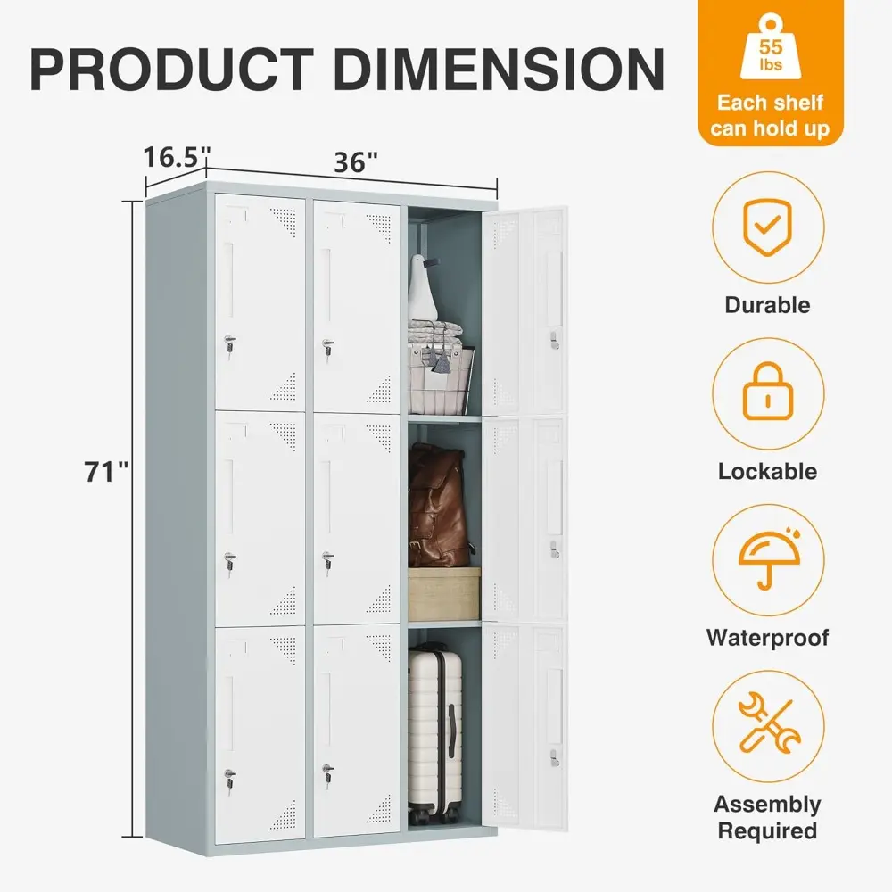 Metal Lockers for Employees with Lock, 71" Tall Steel Storage Locker with Shelves, Lockable Steel Cabinet for School Gym Office