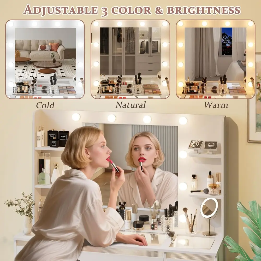 Makeup Vanity with Lights 3 Colors, Glass Top Vanity Desk with 7 Lighted Drawers, 4 Shelves, Power Outlet, Makeup Desk with Mirr