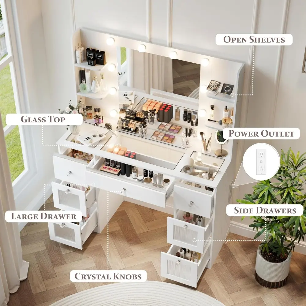 Makeup Vanity with Lights 3 Colors, Glass Top Vanity Desk with 7 Lighted Drawers, 4 Shelves, Power Outlet, Makeup Desk with Mirr