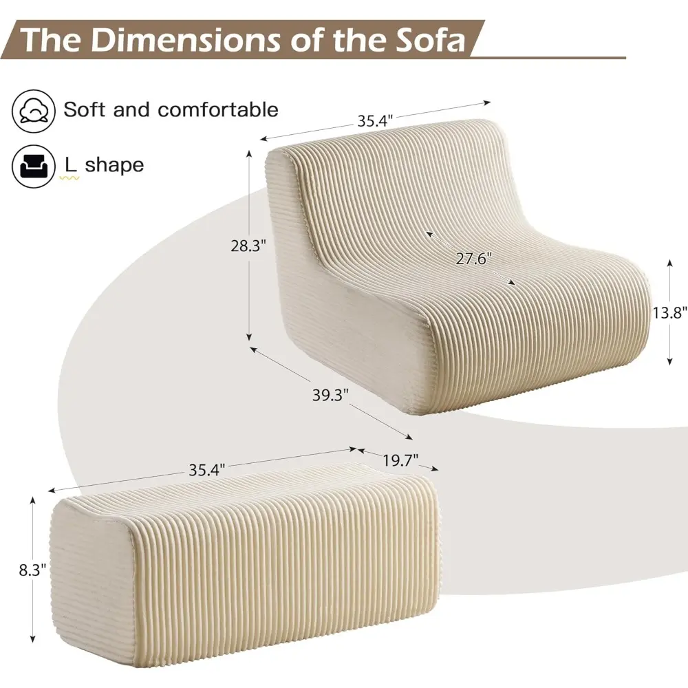 Modern Oversized Lounge Chair with Ottoman, Comfy Single Lazy Sofa Couch with High-Rebound Memory Foam, Large Bean Bag Chair fo