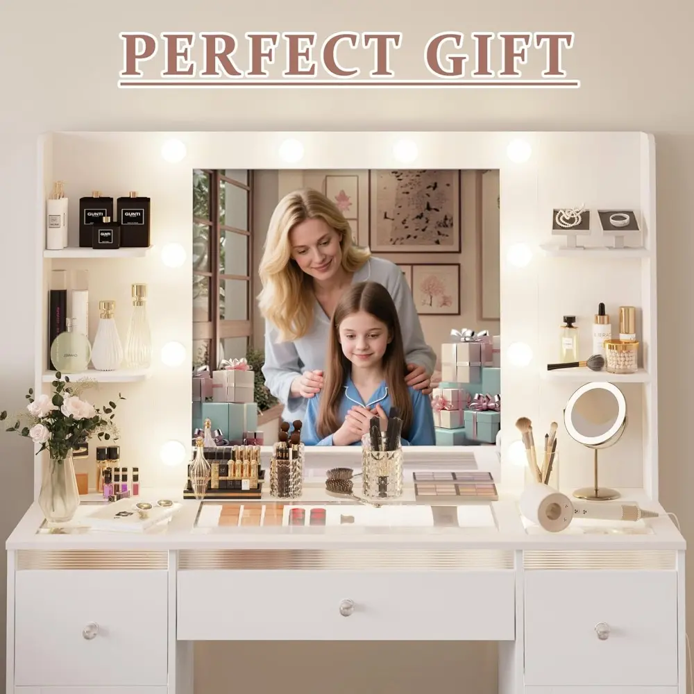 Makeup Vanity with Lights 3 Colors, Glass Top Vanity Desk with 7 Lighted Drawers, 4 Shelves, Power Outlet, Makeup Desk with Mirr