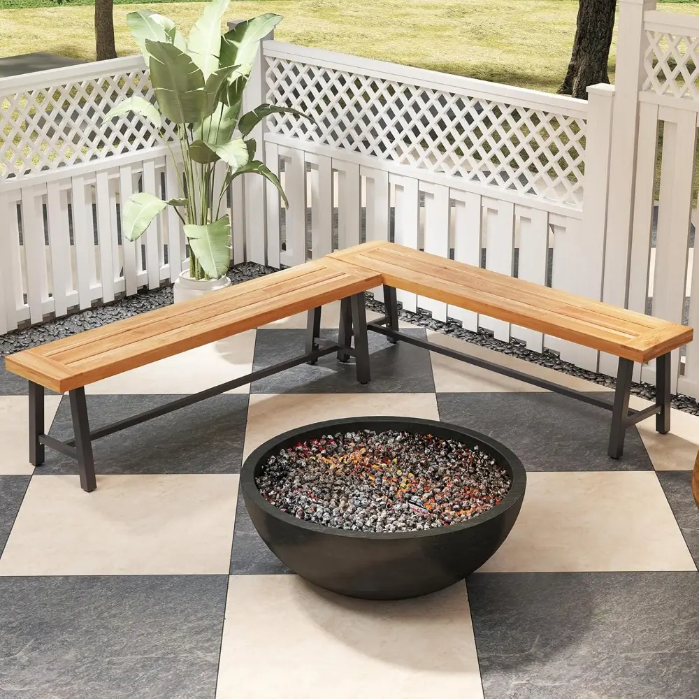63’’ Outdoor Bench Acacia Wood - 3-Person Backless Patio Benches with Heavy Duty Metal Frame, Wooden Picnic Dining Garden Bench
