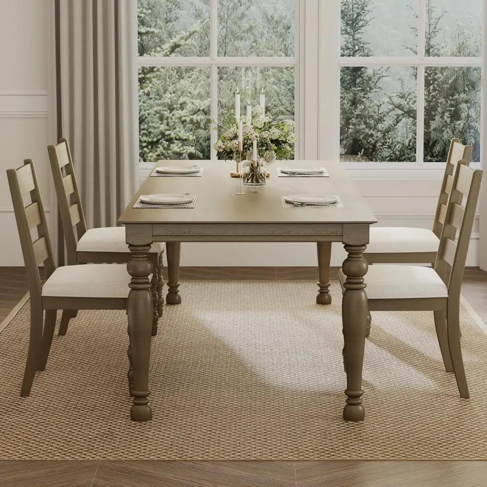 Farmhouse Dining Chairs Set of 2,Solid Wood Frame Kitchen Chair with Roman Legs Modern Armless Linen Fabric Upholstered Chair,Be