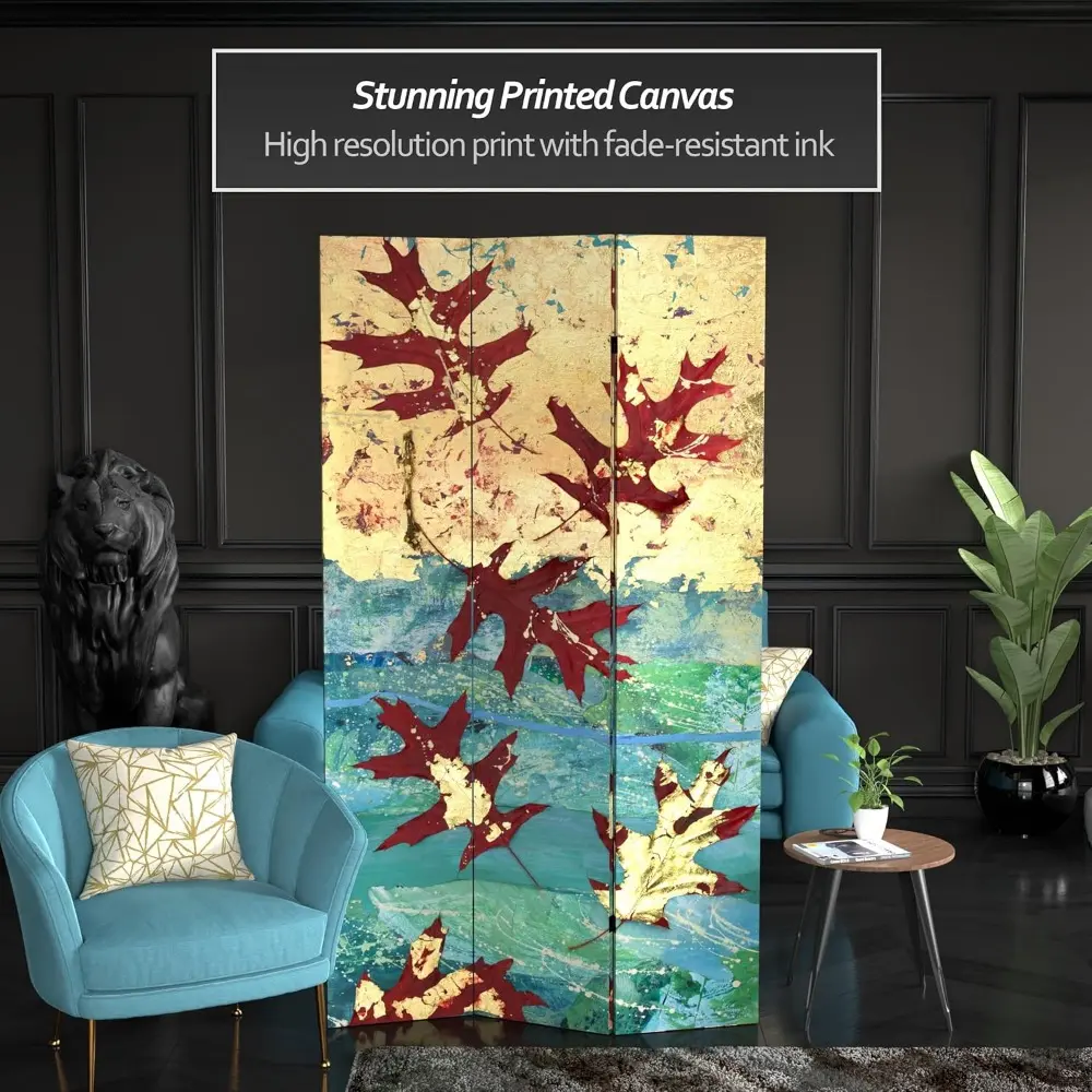 7 ft. Tall Double Sided Autumn Leaves Canvas Room Divider 3 Panel Freestanding Folding Privacy Screen Partition and Separator f