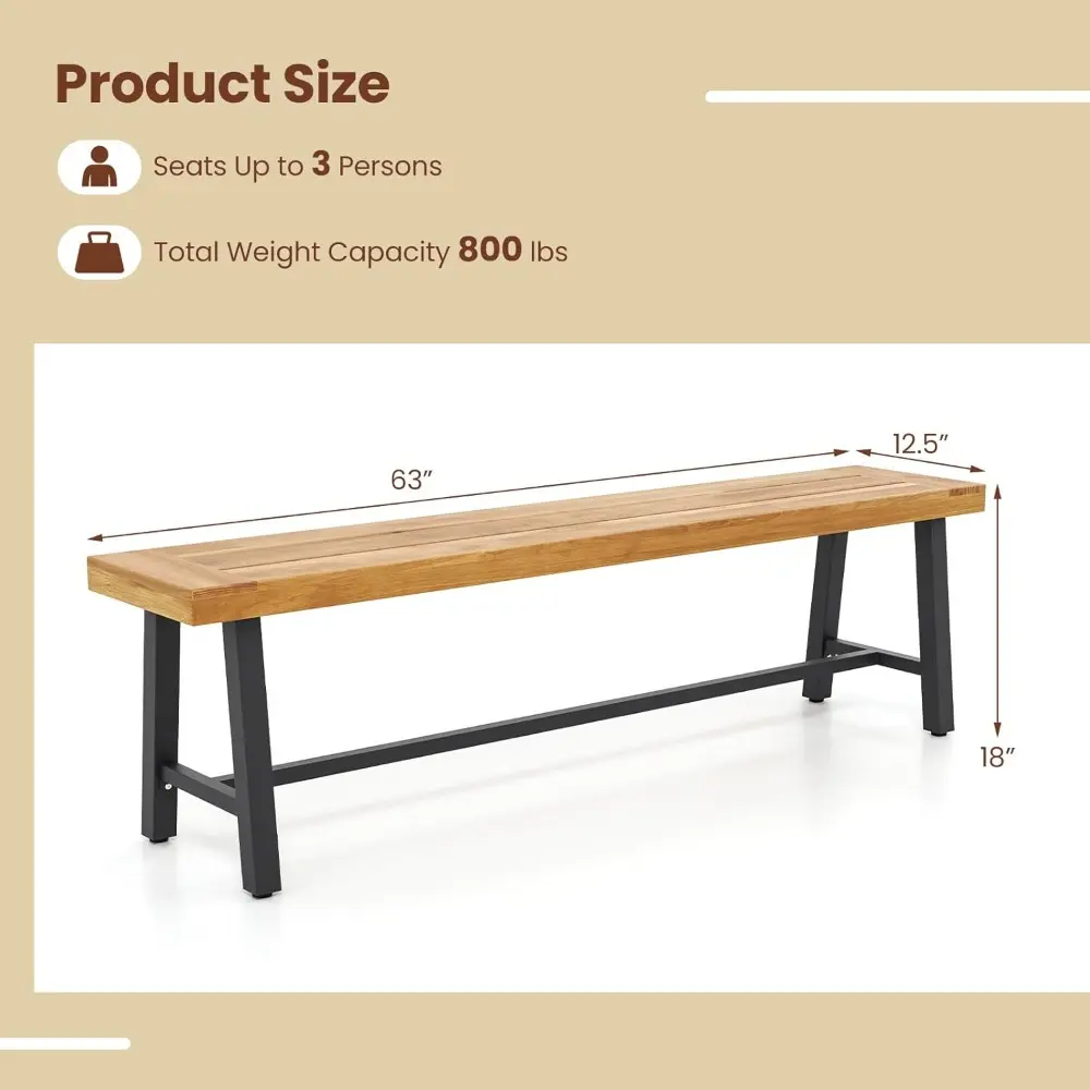 63’’ Outdoor Bench Acacia Wood - 3-Person Backless Patio Benches with Heavy Duty Metal Frame, Wooden Picnic Dining Garden Bench