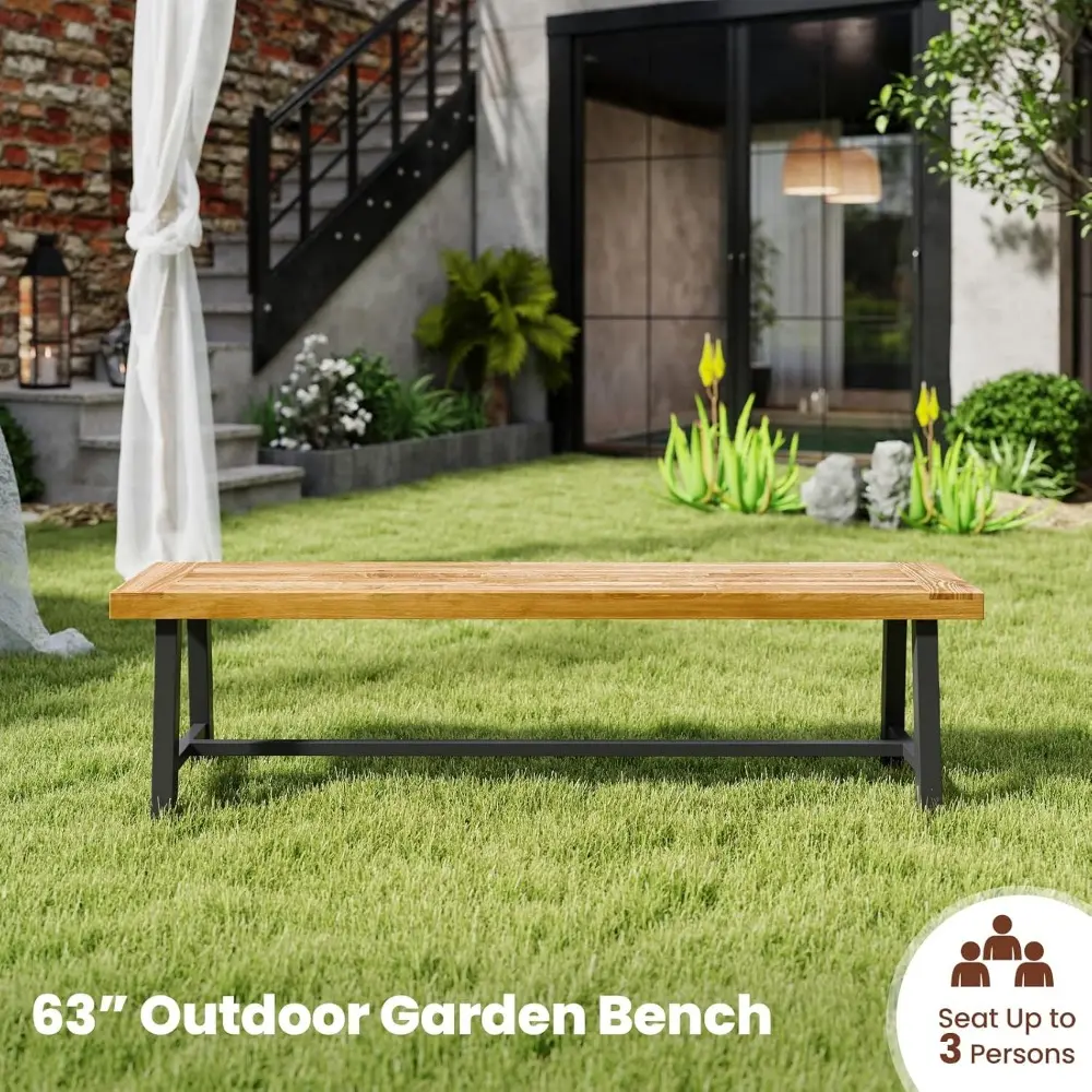 63’’ Outdoor Bench Acacia Wood - 3-Person Backless Patio Benches with Heavy Duty Metal Frame, Wooden Picnic Dining Garden Bench