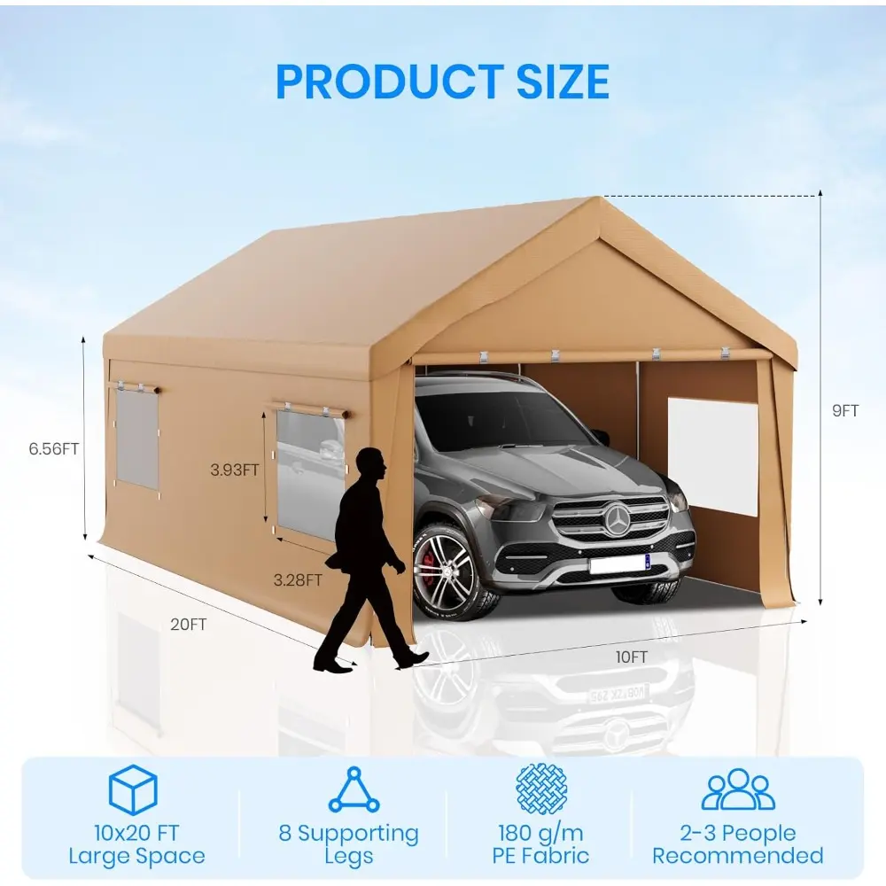 Outdoor Portable Garage with Removable Sidewalls & Doors, Carport 10x20 FT Heavy Duty, UV-Resistant Canopy Shelter for Vehicles,
