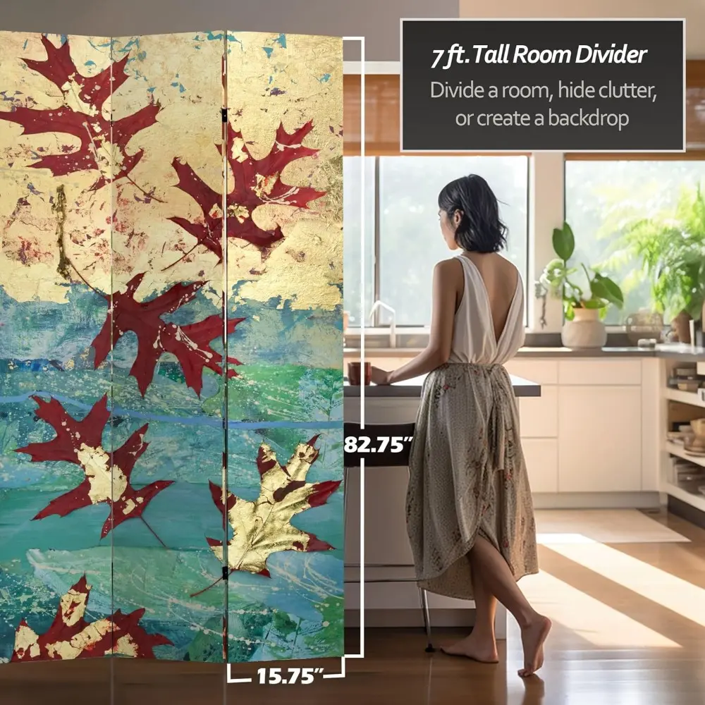 7 ft. Tall Double Sided Autumn Leaves Canvas Room Divider 3 Panel Freestanding Folding Privacy Screen Partition and Separator f
