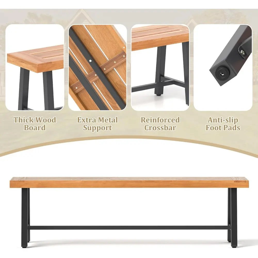 63’’ Outdoor Bench Acacia Wood - 3-Person Backless Patio Benches with Heavy Duty Metal Frame, Wooden Picnic Dining Garden Bench