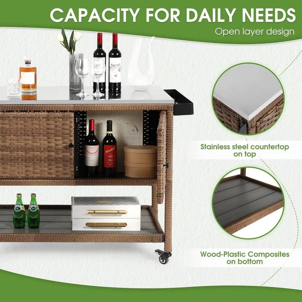 Outdoor Grill Cart Kitchen Island with Storage Stainless Steel Top BBQ Prep Station Wicker Serving Bar Table with Hooks Wheels