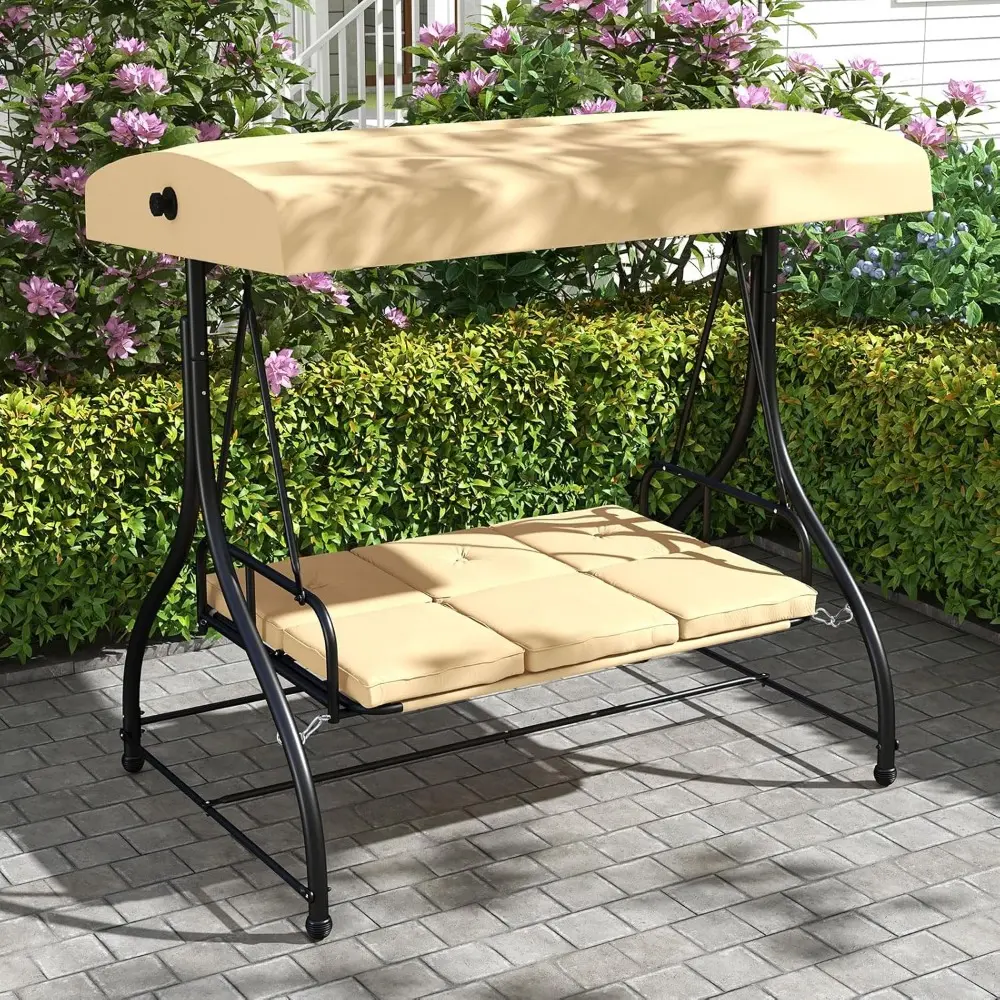 3 Seat Outdoor Porch Swing, 2-in-1 Swing Glider with Adjustable Canopy, Removable Cushions, Foot Pad, Curved handrails, Outdoor