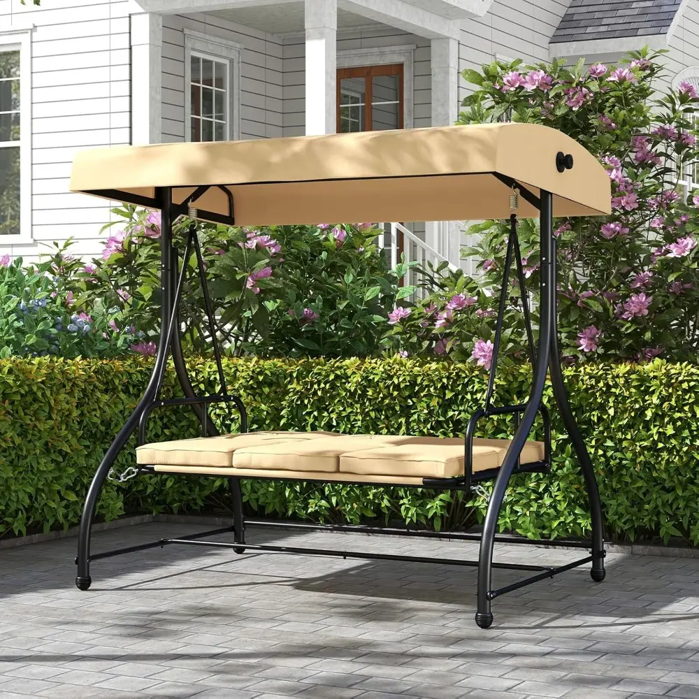 3 Seat Outdoor Porch Swing, 2-in-1 Swing Glider with Adjustable Canopy, Removable Cushions, Foot Pad, Curved handrails, Outdoor
