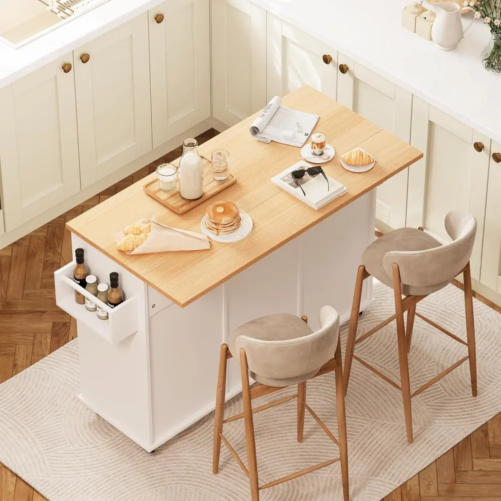 Rolling Kitchen Island with Trash Can Storage, 47.2” Kitchen Island Cart with Drop Leaf Countertop, Island Table with Drawer & S