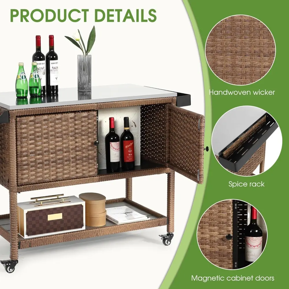 Outdoor Grill Cart Kitchen Island with Storage Stainless Steel Top BBQ Prep Station Wicker Serving Bar Table with Hooks Wheels