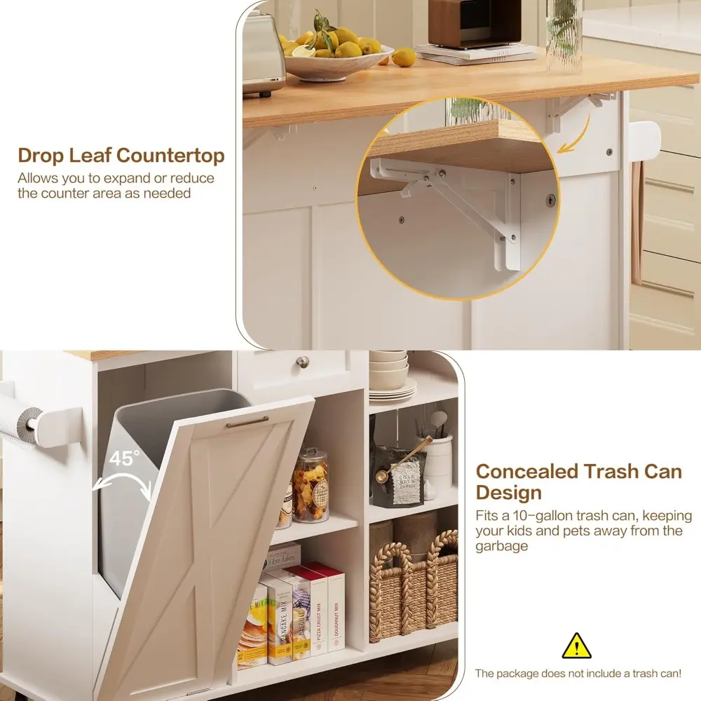 Rolling Kitchen Island with Trash Can Storage, 47.2” Kitchen Island Cart with Drop Leaf Countertop, Island Table with Drawer & S