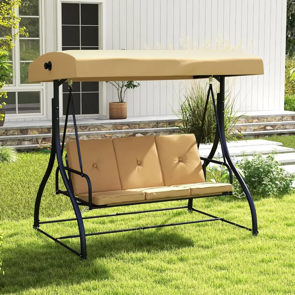 3 Seat Outdoor Porch Swing, 2-in-1 Swing Glider with Adjustable Canopy, Removable Cushions, Foot Pad, Curved handrails, Outdoor