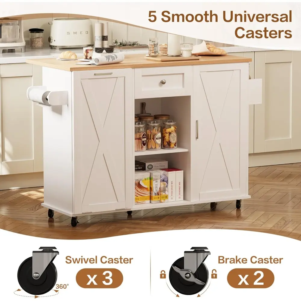Rolling Kitchen Island with Trash Can Storage, 47.2” Kitchen Island Cart with Drop Leaf Countertop, Island Table with Drawer & S
