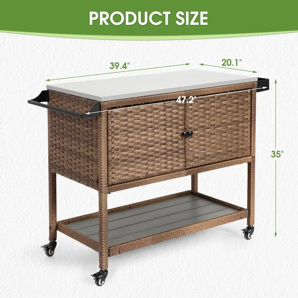 Outdoor Grill Cart Kitchen Island with Storage Stainless Steel Top BBQ Prep Station Wicker Serving Bar Table with Hooks Wheels