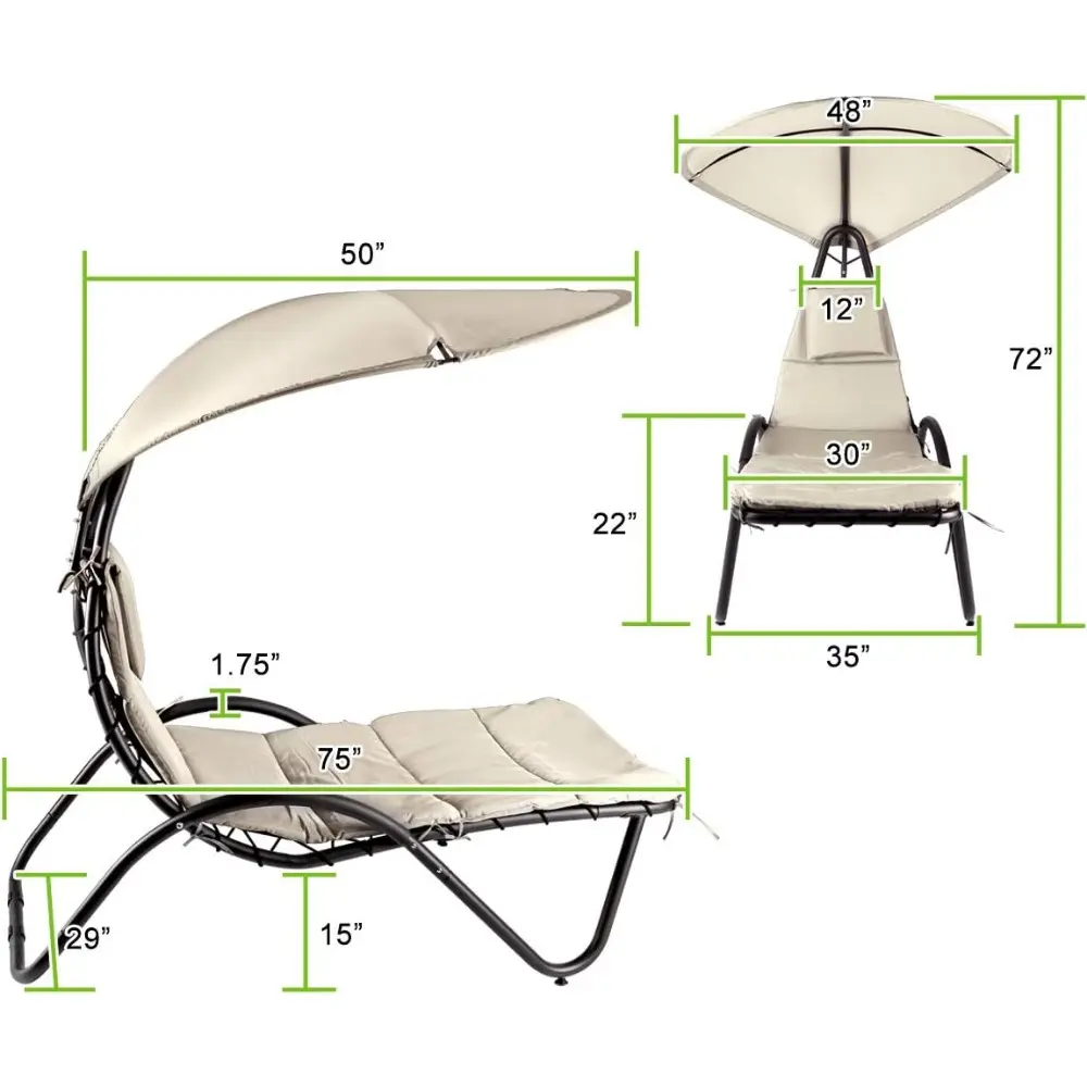 2X Hanging Chaise Outdoor Lounge Chair Hammock with Sun Shade Canopy, Wide Umbrella, Cushion, Stand for Backyard, Poolside Beige