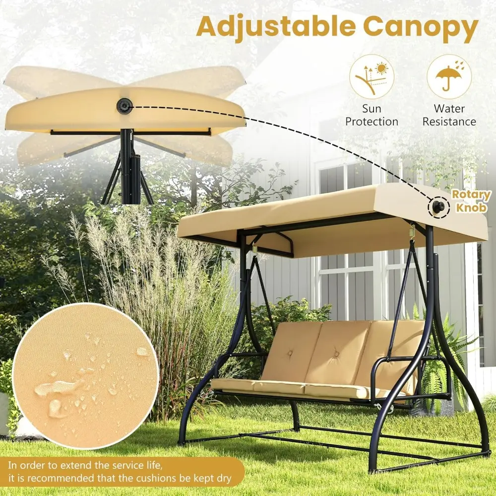 3 Seat Outdoor Porch Swing, 2-in-1 Swing Glider with Adjustable Canopy, Removable Cushions, Foot Pad, Curved handrails, Outdoor