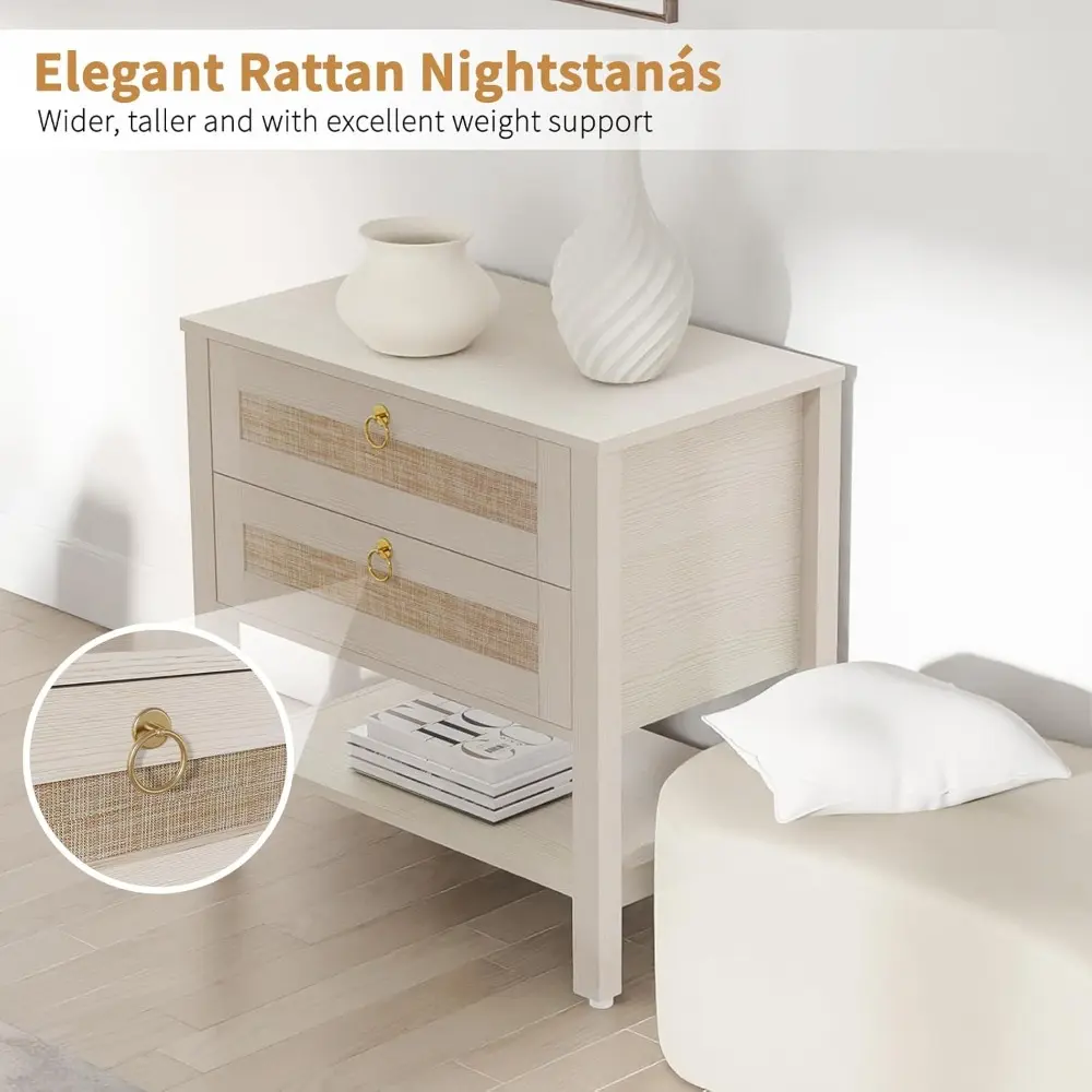 White Nightstands Set of2, Large Boho Bedside Tables with Drawers & Storage Shelf – Rattan Narrow Side Tables for Bedroom, Small
