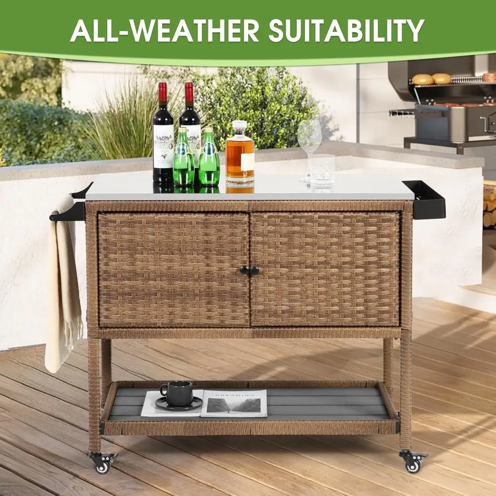 Outdoor Grill Cart Kitchen Island with Storage Stainless Steel Top BBQ Prep Station Wicker Serving Bar Table with Hooks Wheels