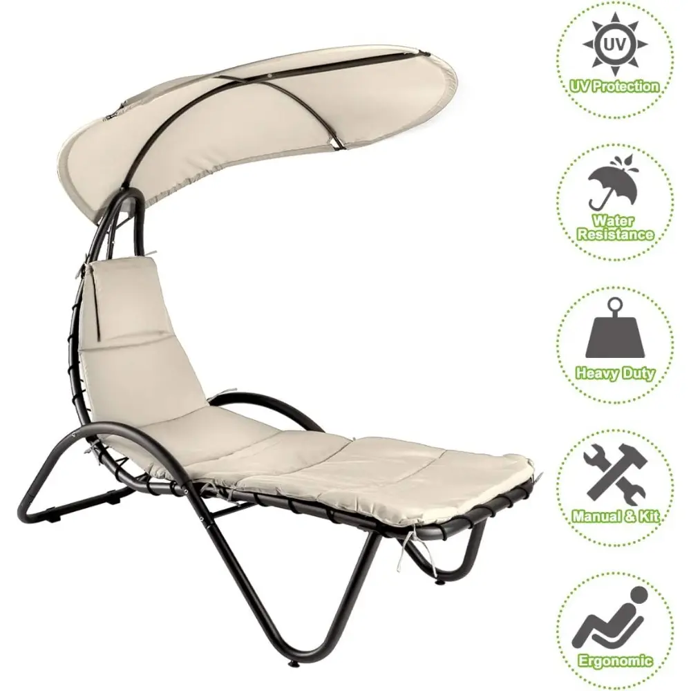 2X Hanging Chaise Outdoor Lounge Chair Hammock with Sun Shade Canopy, Wide Umbrella, Cushion, Stand for Backyard, Poolside Beige