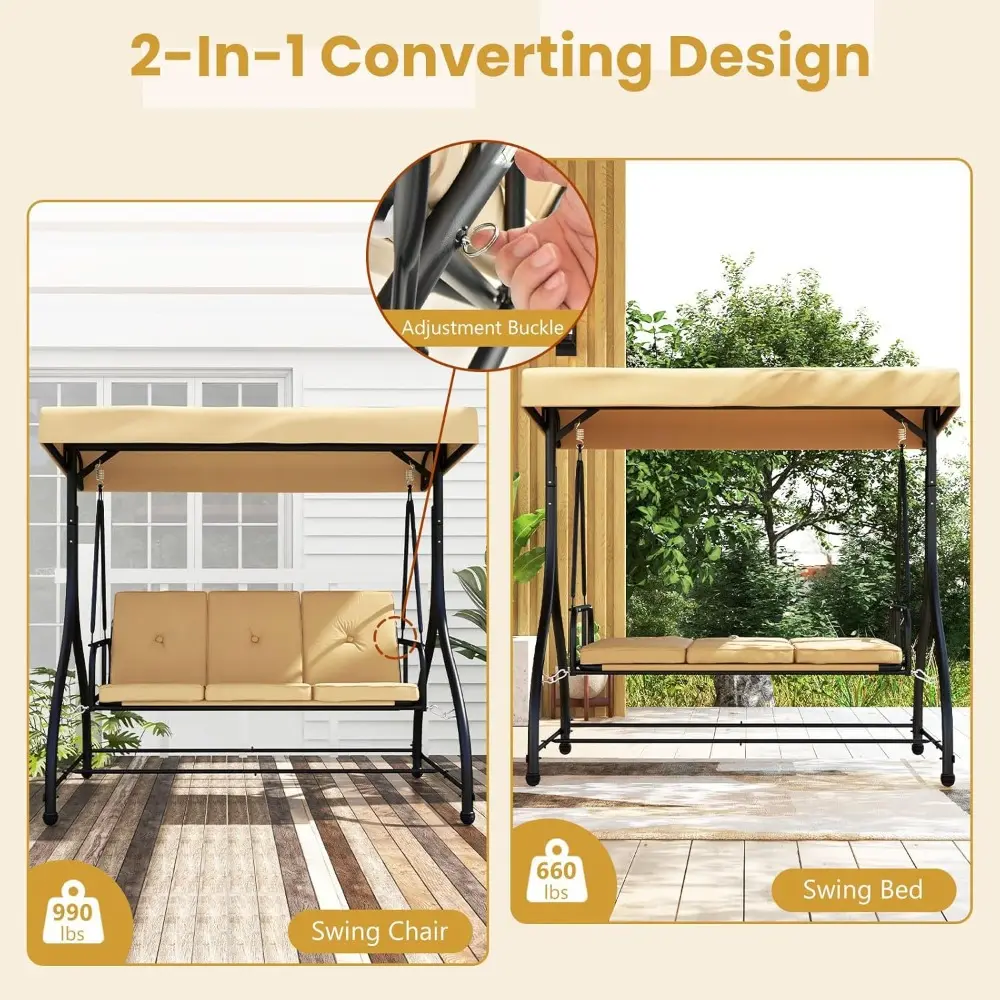 3 Seat Outdoor Porch Swing, 2-in-1 Swing Glider with Adjustable Canopy, Removable Cushions, Foot Pad, Curved handrails, Outdoor