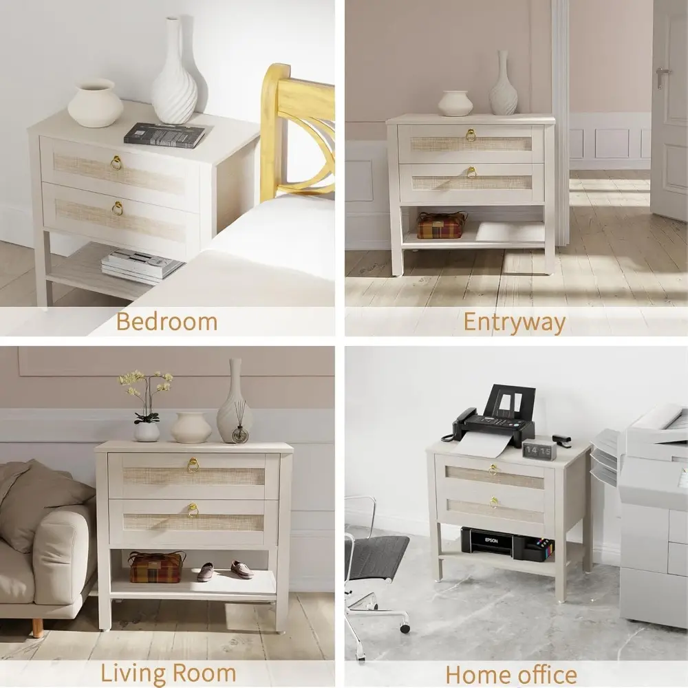 White Nightstands Set of2, Large Boho Bedside Tables with Drawers & Storage Shelf – Rattan Narrow Side Tables for Bedroom, Small