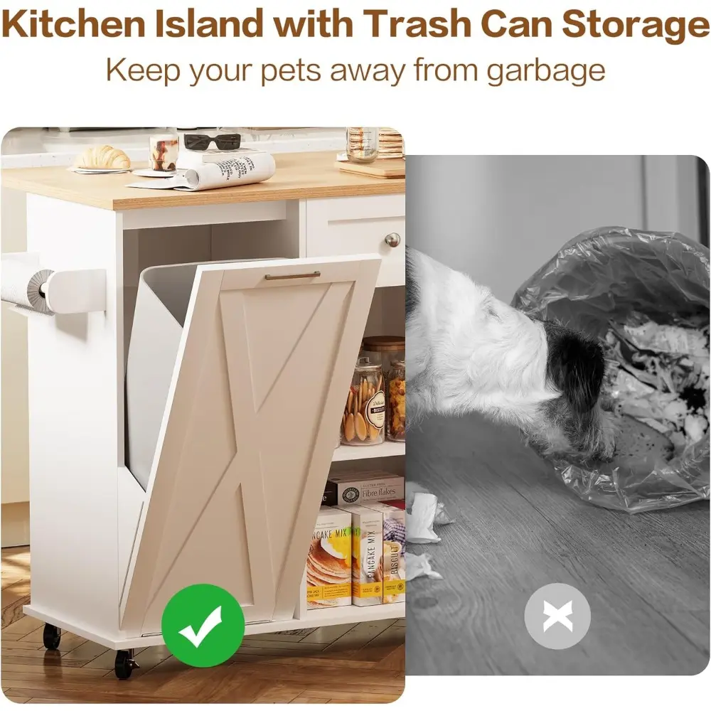 Rolling Kitchen Island with Trash Can Storage, 47.2” Kitchen Island Cart with Drop Leaf Countertop, Island Table with Drawer & S