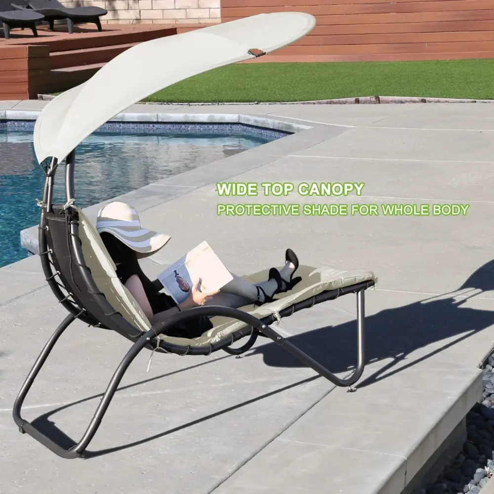 2X Hanging Chaise Outdoor Lounge Chair Hammock with Sun Shade Canopy, Wide Umbrella, Cushion, Stand for Backyard, Poolside Beige
