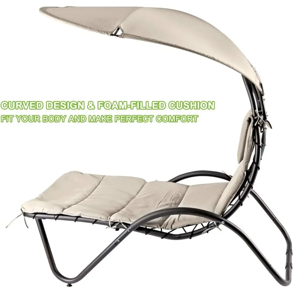 2X Hanging Chaise Outdoor Lounge Chair Hammock with Sun Shade Canopy, Wide Umbrella, Cushion, Stand for Backyard, Poolside Beige