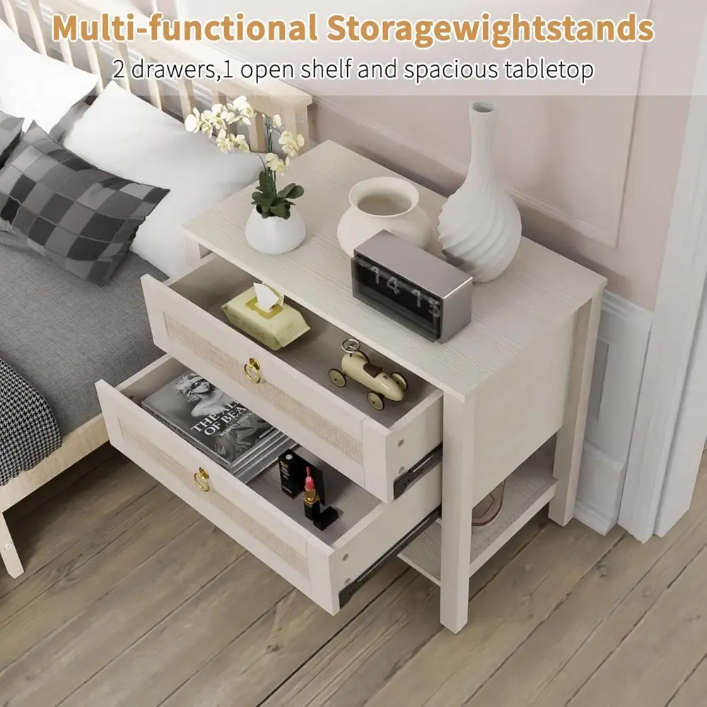White Nightstands Set of2, Large Boho Bedside Tables with Drawers & Storage Shelf – Rattan Narrow Side Tables for Bedroom, Small