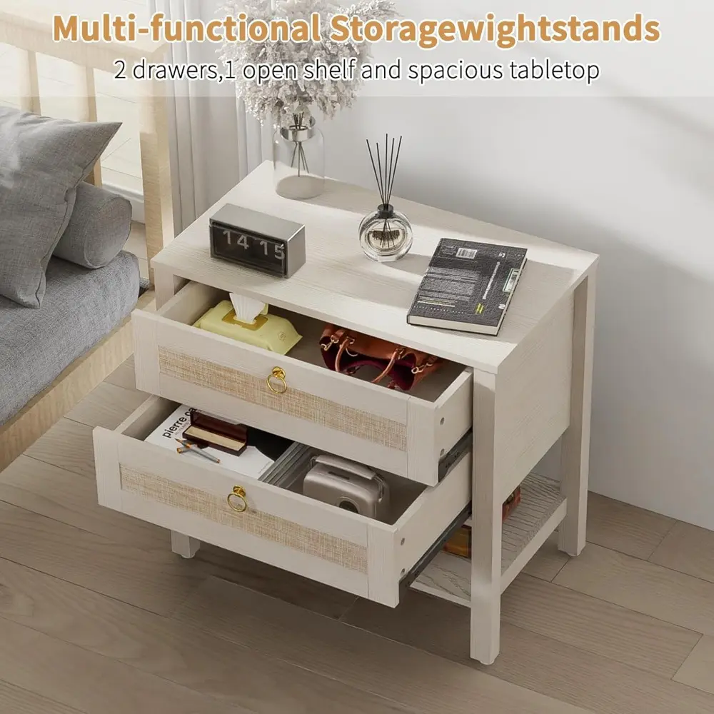 White Nightstands Set of2, Large Boho Bedside Tables with Drawers & Storage Shelf – Rattan Narrow Side Tables for Bedroom, Small