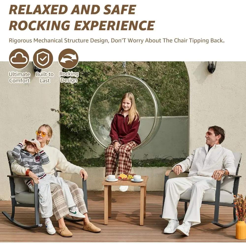 Glider Rocking Chair Bistro Set, 3 Pieces Outdoor Patio Furniture Conversation Set with 2 Rocker Chairs, 1 Table and Thick Cush