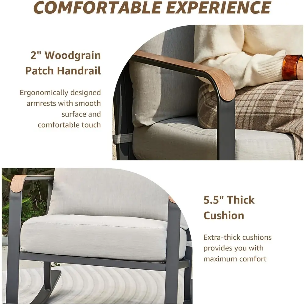 Glider Rocking Chair Bistro Set, 3 Pieces Outdoor Patio Furniture Conversation Set with 2 Rocker Chairs, 1 Table and Thick Cush