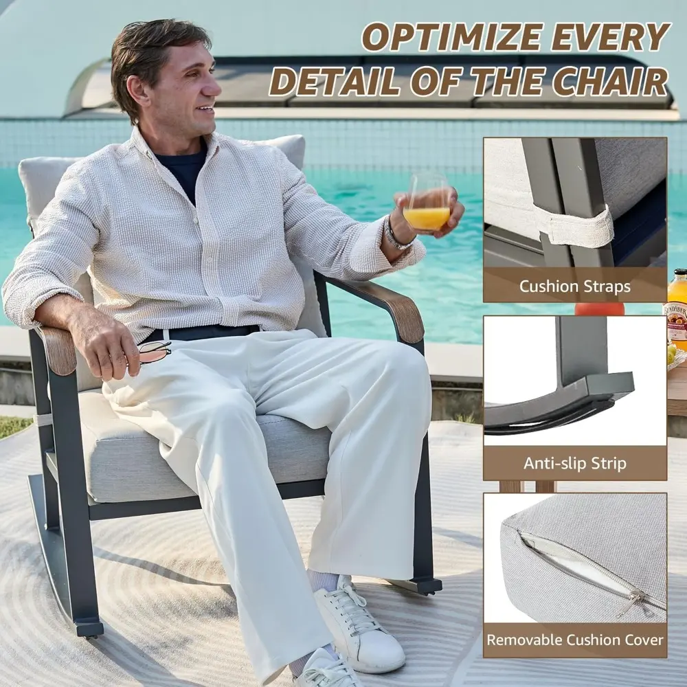Glider Rocking Chair Bistro Set, 3 Pieces Outdoor Patio Furniture Conversation Set with 2 Rocker Chairs, 1 Table and Thick Cush