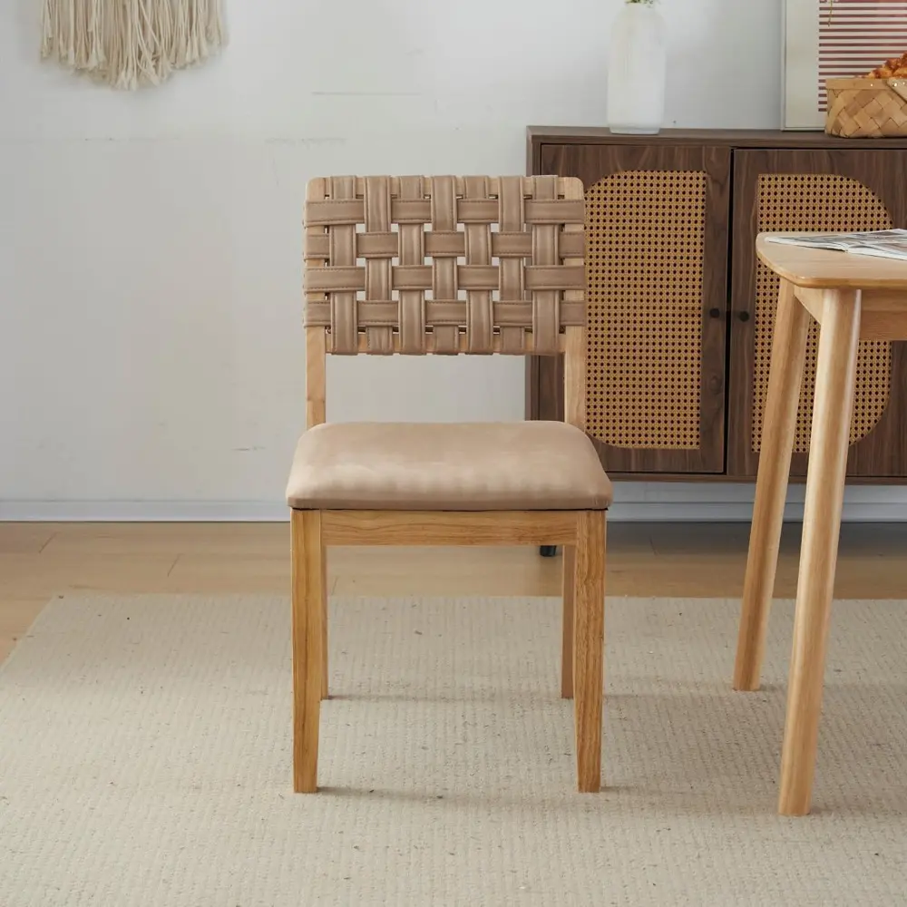 Khaki Woven Wooden Dining Chairs Set of 2,Armless Mid Century Modern Desk Chairs with Rivet&Foot Pegs,Upholstered Farmhouse Com