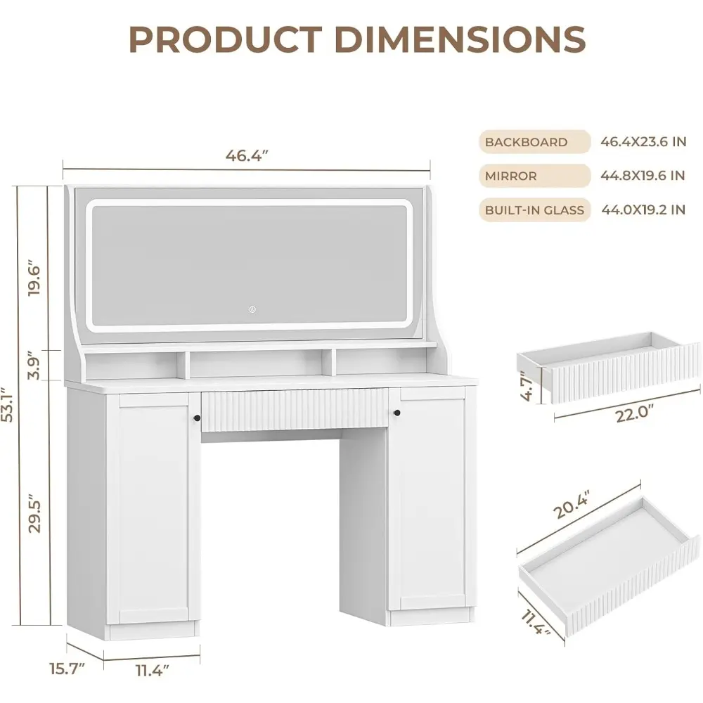 Makeup Vanity Desk with Large Mirror LED Lights 46.5'' Vanity Table with Large Drawers Cabinets and Floating Open Shelf Lighted