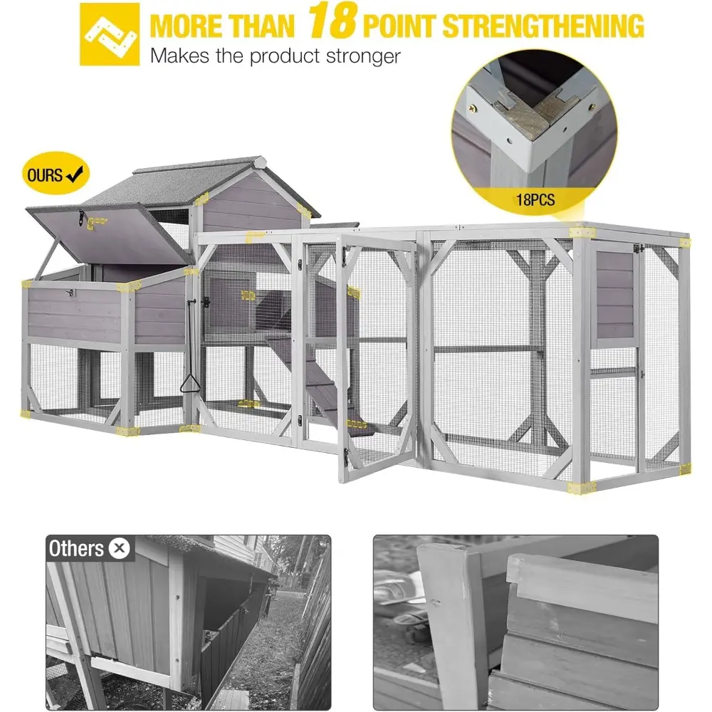 Chicken Coop Extra Large Chicken House 41.3ft² for 8-10 Chickens Outdoor Wooden Hen House Poultry Cage with 6 Nesting Boxes, 6