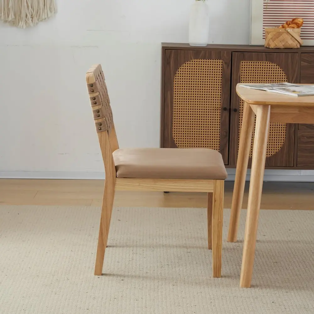 Khaki Woven Wooden Dining Chairs Set of 2,Armless Mid Century Modern Desk Chairs with Rivet&Foot Pegs,Upholstered Farmhouse Com