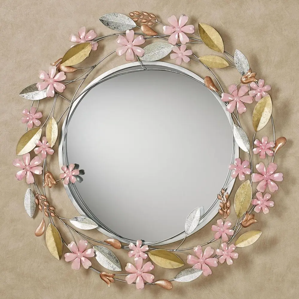 Wildflower Reflections Floral Round Wall Mirror Pink 33" Dia.x2 D