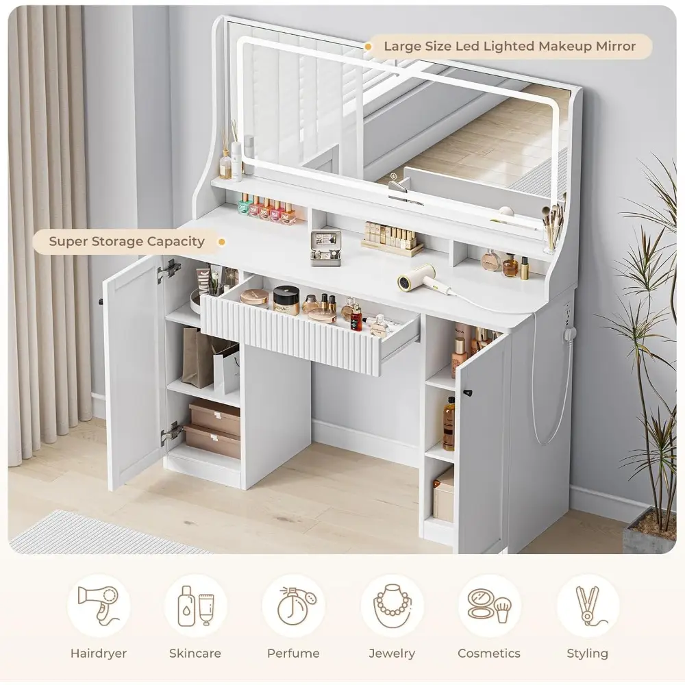 Makeup Vanity Desk with Large Mirror LED Lights 46.5'' Vanity Table with Large Drawers Cabinets and Floating Open Shelf Lighted