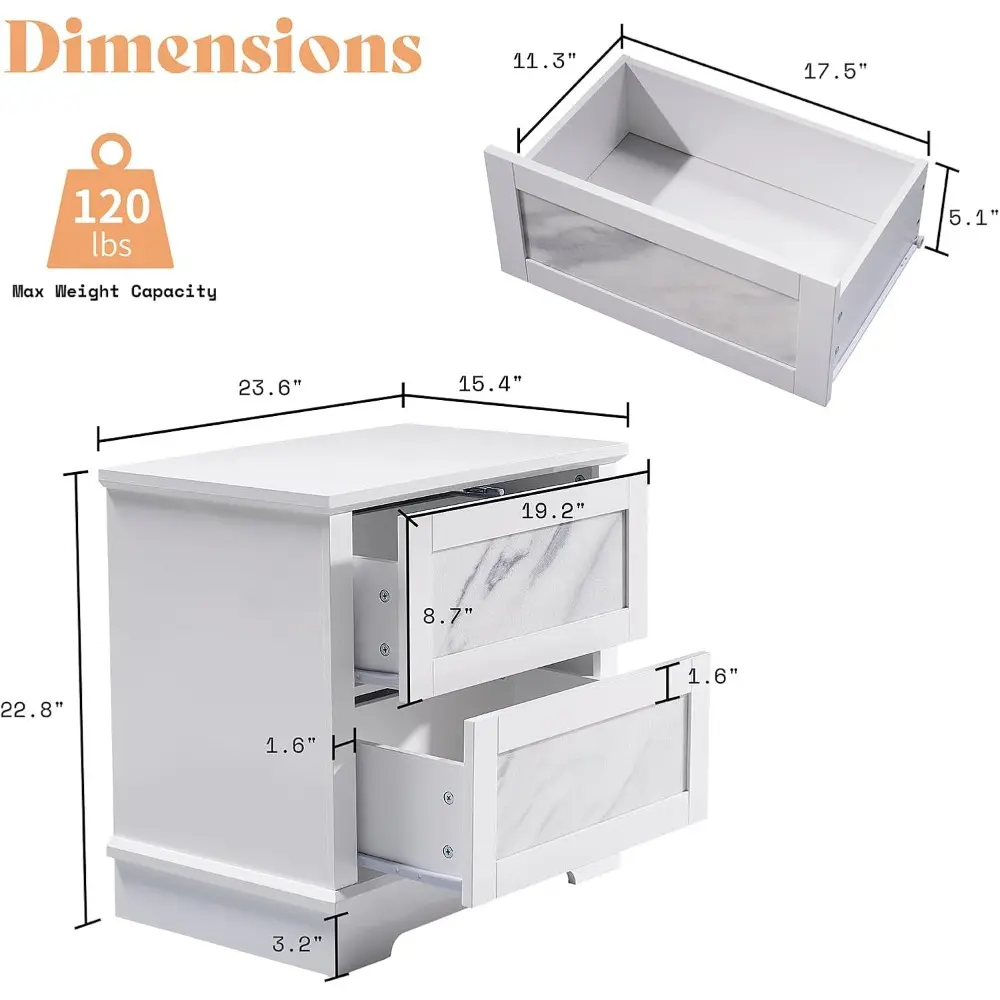 Luxury Natural Marble Nightstand Set of 2 with Drawers, High Gloss Side Tables in Living Room, Storage End Table for Bedroom wi