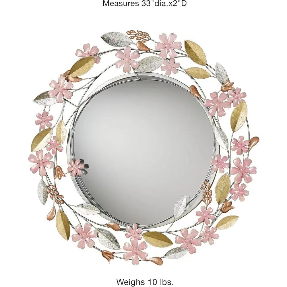 Wildflower Reflections Floral Round Wall Mirror Pink 33" Dia.x2 D