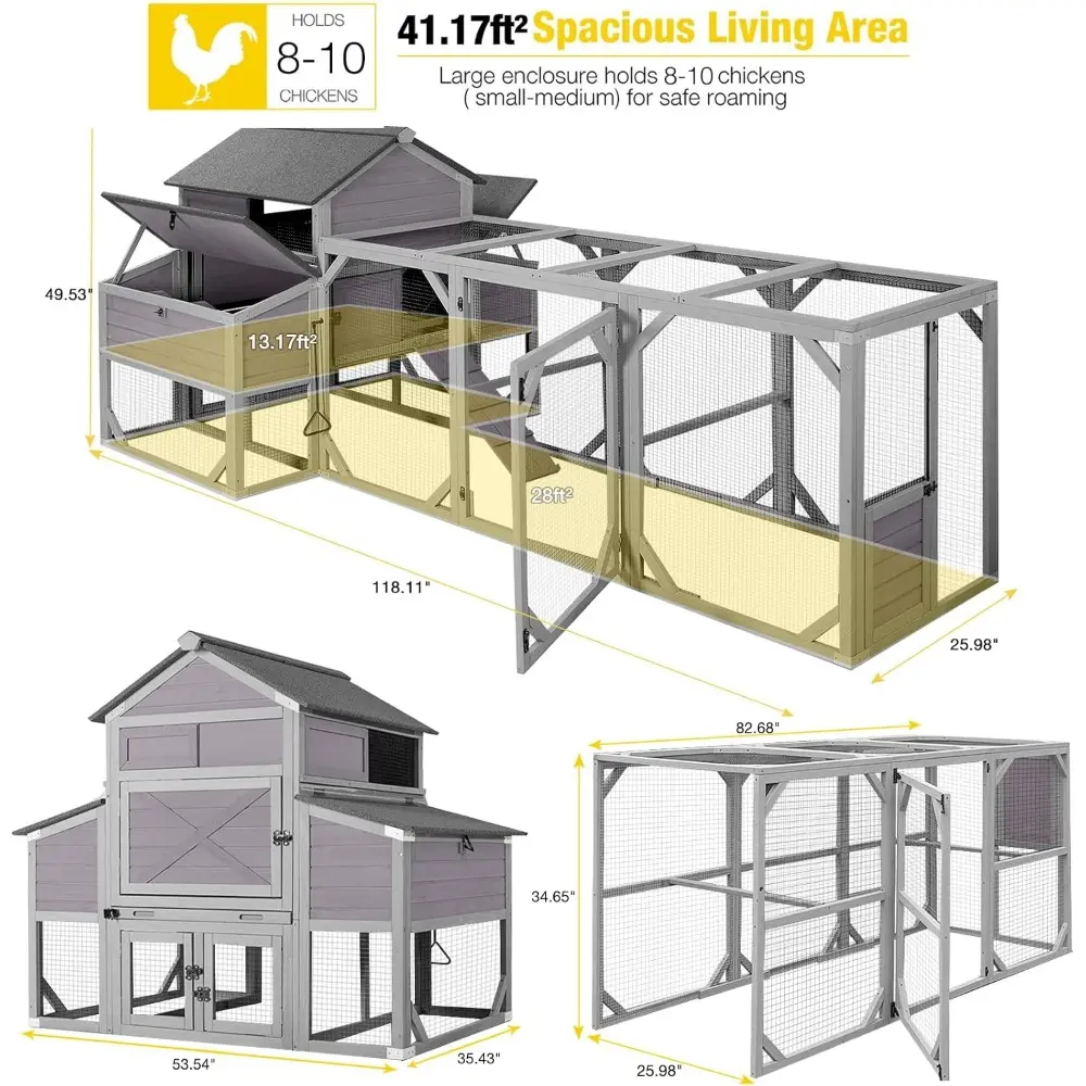 Chicken Coop Extra Large Chicken House 41.3ft² for 8-10 Chickens Outdoor Wooden Hen House Poultry Cage with 6 Nesting Boxes, 6