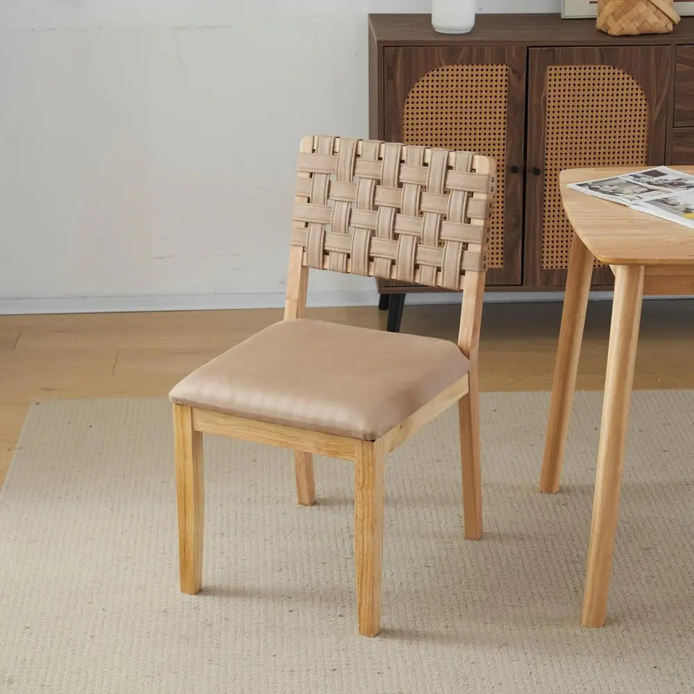 Khaki Woven Wooden Dining Chairs Set of 2,Armless Mid Century Modern Desk Chairs with Rivet&Foot Pegs,Upholstered Farmhouse Com